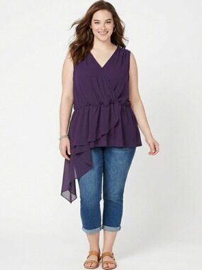 Melissa McCarthy Purple Faux Wrap Sleeveless Blouse 2X